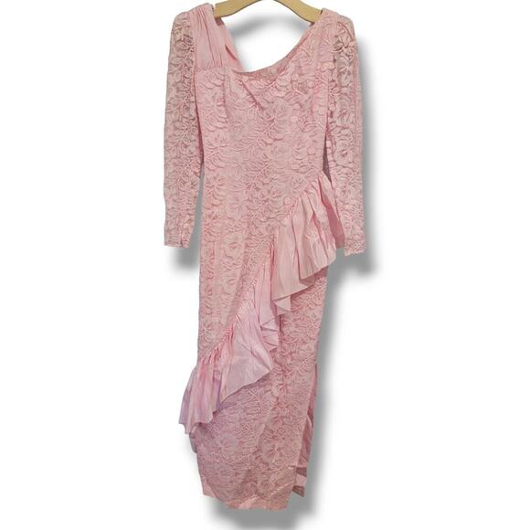 Vintage Roberta California women's pink lace lined ruffle trim bodycon dress - Picture 1 of 15